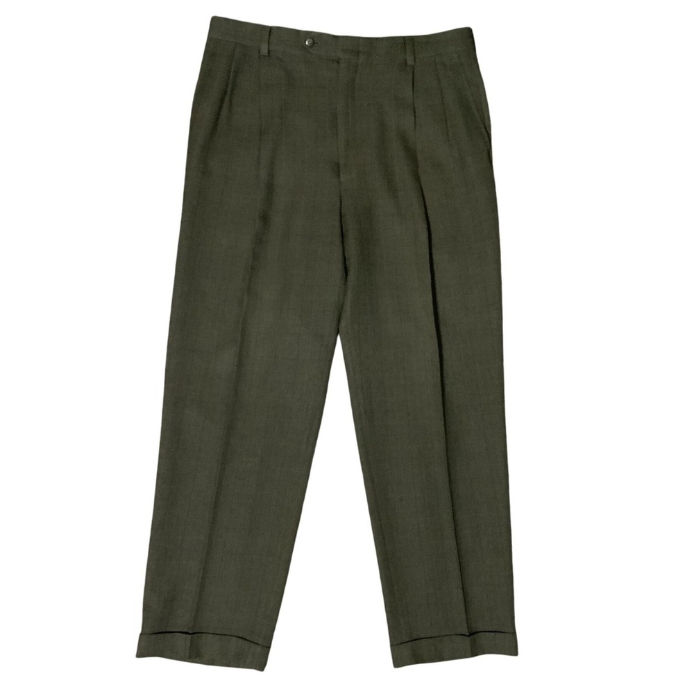 Berle Mens Olive Green Glen Plaid Pleated Cuffed Dress Pants Made in USA